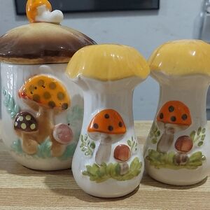 Vintage Ceramic Mushroom Salt & Pepper Shakers with Sugar Bowl - Yellow Orange